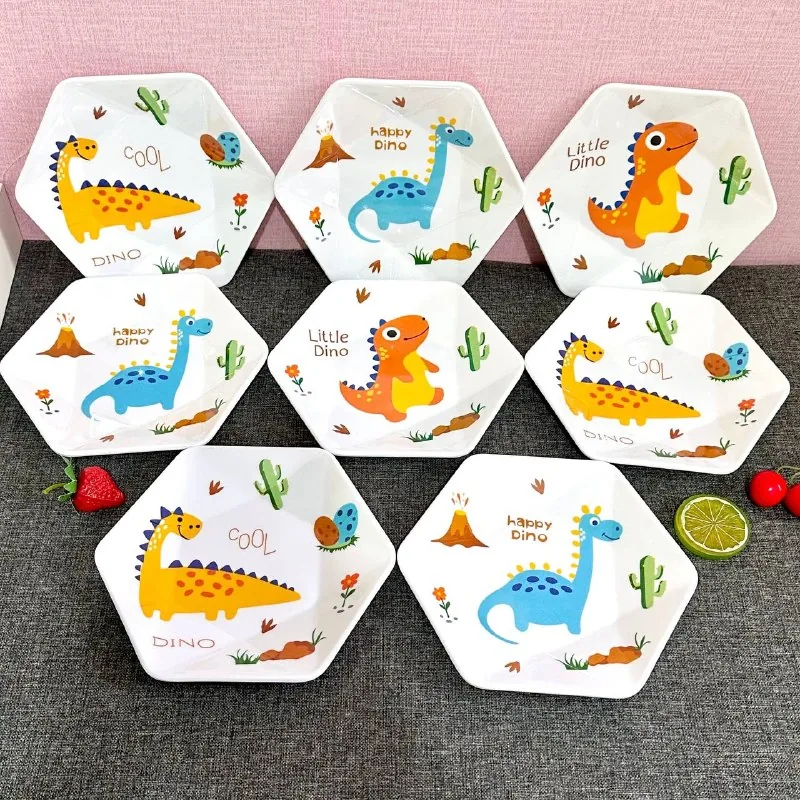 Piring Pelat Heksagonal 8 inch Melamin Motif Dino merk Toptree [P4108]