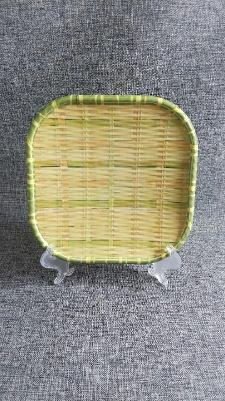 Piring Saji Persegi (Anti Selip- Kaki Penyangga) 7.8 Inch Melamin Motif  Anyaman Bambu merk Toptree [PZ9308-057]
